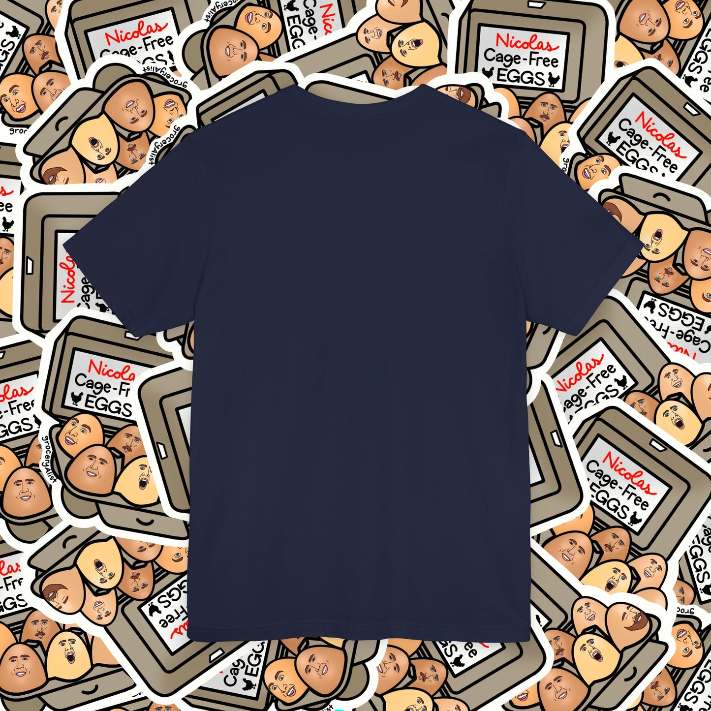 Nicolas Cage-Free Eggs T-shirt Full Front | Celebrity Food Pun T-shirt | Famous Actor Dad Joke Shirt