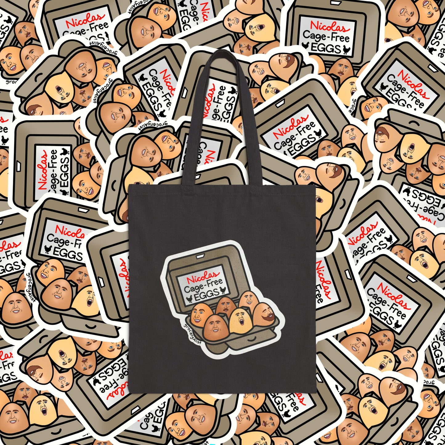 Nicolas Cage-Free Eggs Tote Bag | Funny Celebrity Food Pun Canvas Bag | Famous Movie Star Actor Dad Joke Wordplay Tote