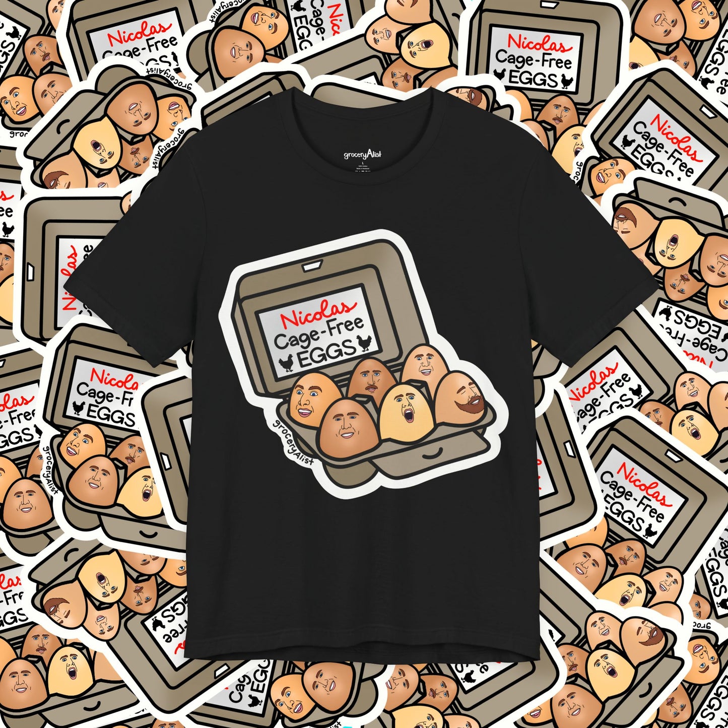 Nicolas Cage-Free Eggs T-shirt Full Front | Celebrity Food Pun T-shirt | Famous Actor Dad Joke Shirt