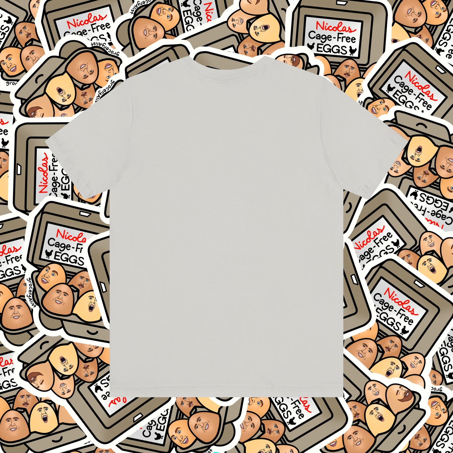 Nicolas Cage-Free Eggs T-shirt Full Front | Celebrity Food Pun T-shirt | Famous Actor Dad Joke Shirt