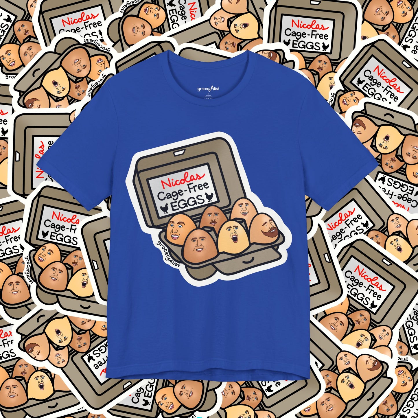 Nicolas Cage-Free Eggs T-shirt Full Front | Celebrity Food Pun T-shirt | Famous Actor Dad Joke Shirt