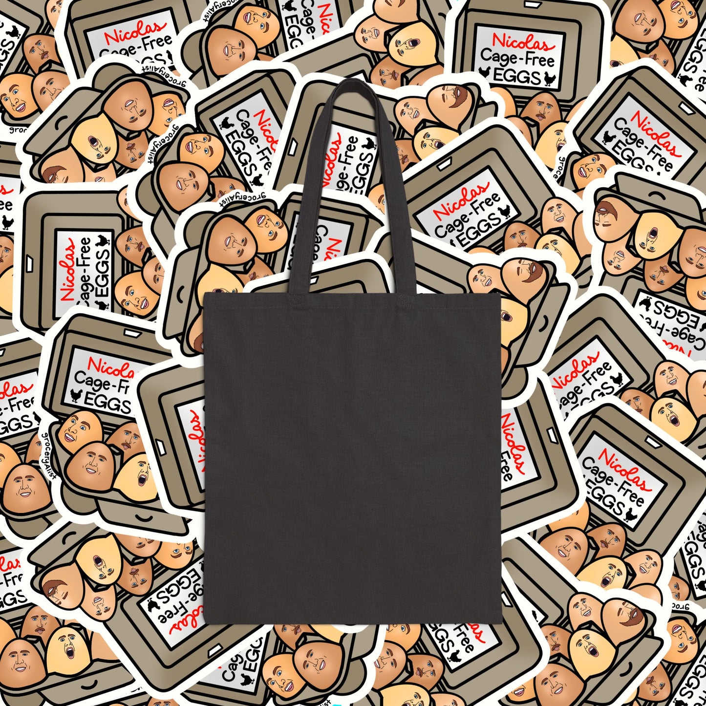 Nicolas Cage-Free Eggs Tote Bag | Funny Celebrity Food Pun Canvas Bag | Famous Movie Star Actor Dad Joke Wordplay Tote