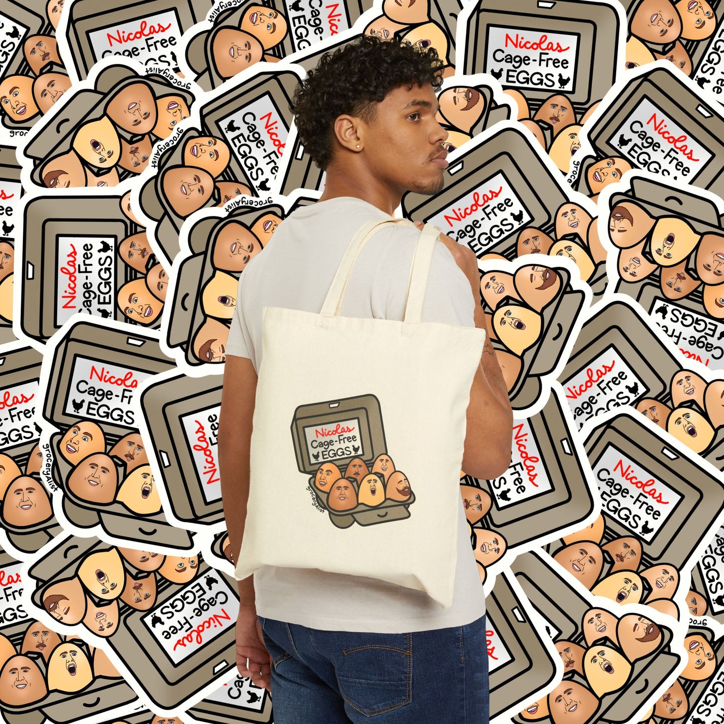 Nicolas Cage-Free Eggs Tote Bag | Funny Celebrity Food Pun Canvas Bag | Famous Movie Star Actor Dad Joke Wordplay Tote