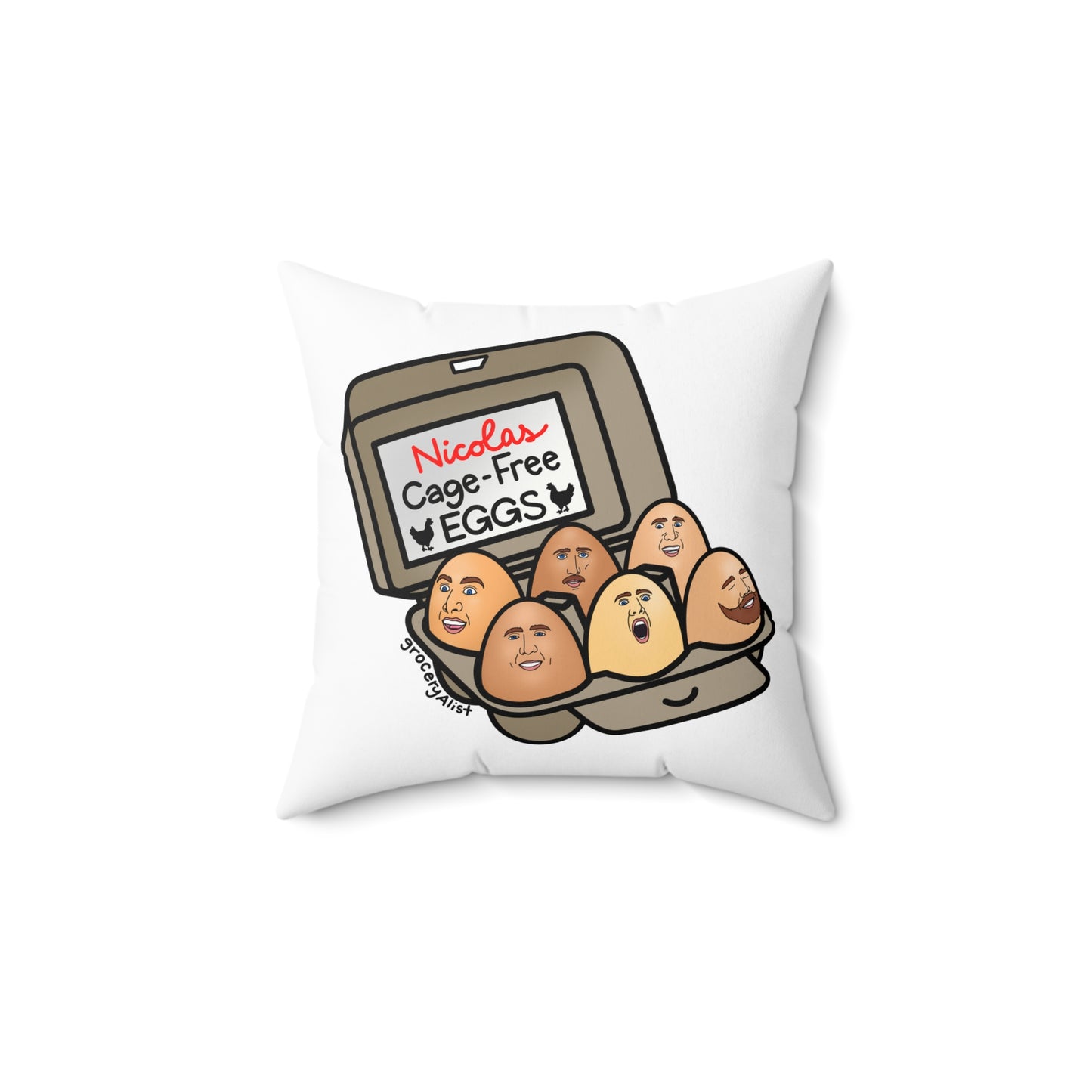 Nicolas Cage-Free Eggs Pillow | Funny Celebrity Food Pun Throw Pillow | Famous Actor Dad Joke Wordplay Cushion