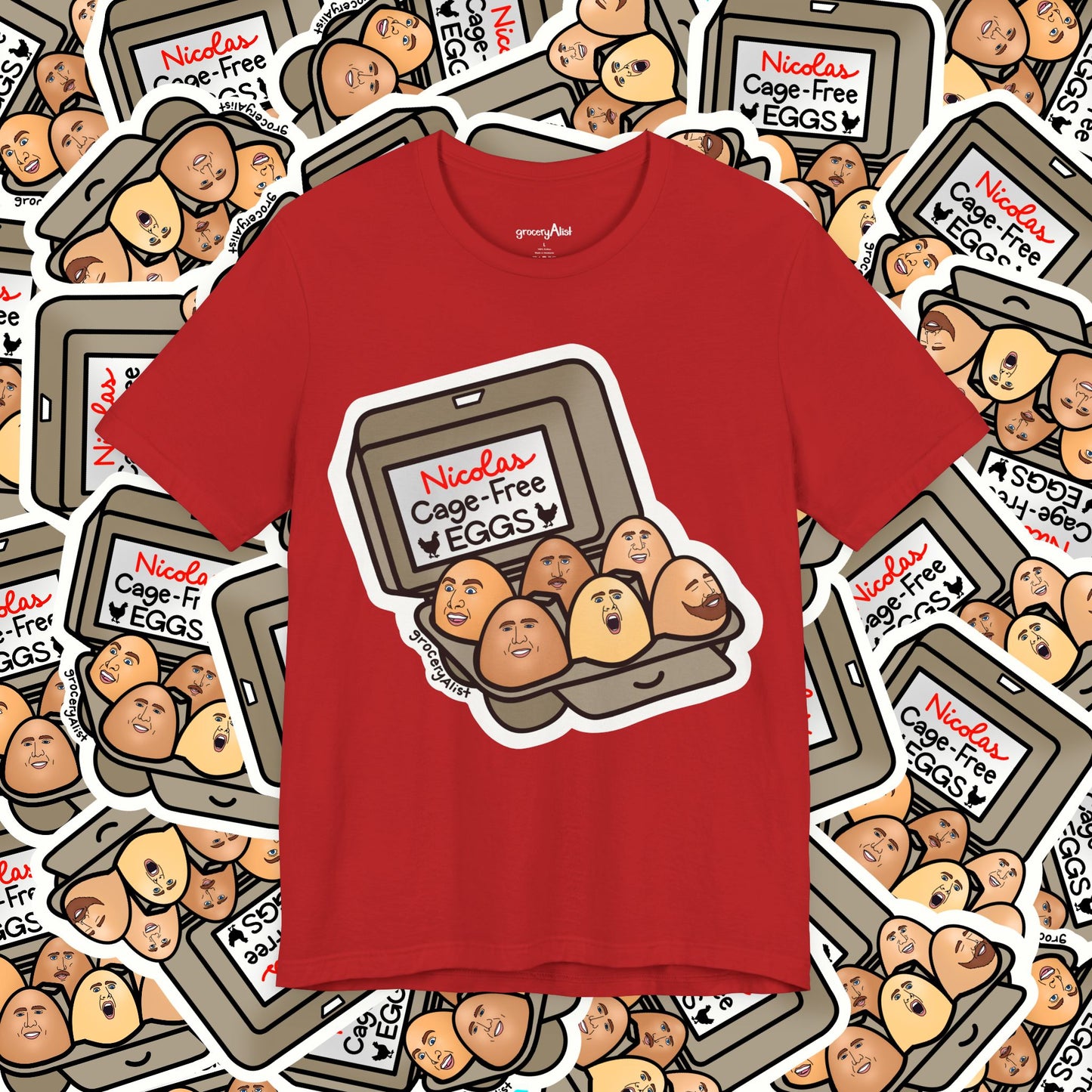 Nicolas Cage-Free Eggs T-shirt Full Front | Celebrity Food Pun T-shirt | Famous Actor Dad Joke Shirt