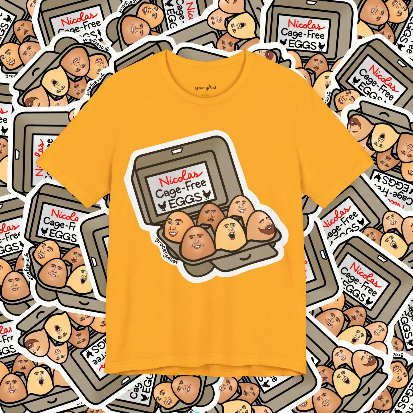 Nicolas Cage-Free Eggs T-shirt Full Front | Celebrity Food Pun T-shirt | Famous Actor Dad Joke Shirt