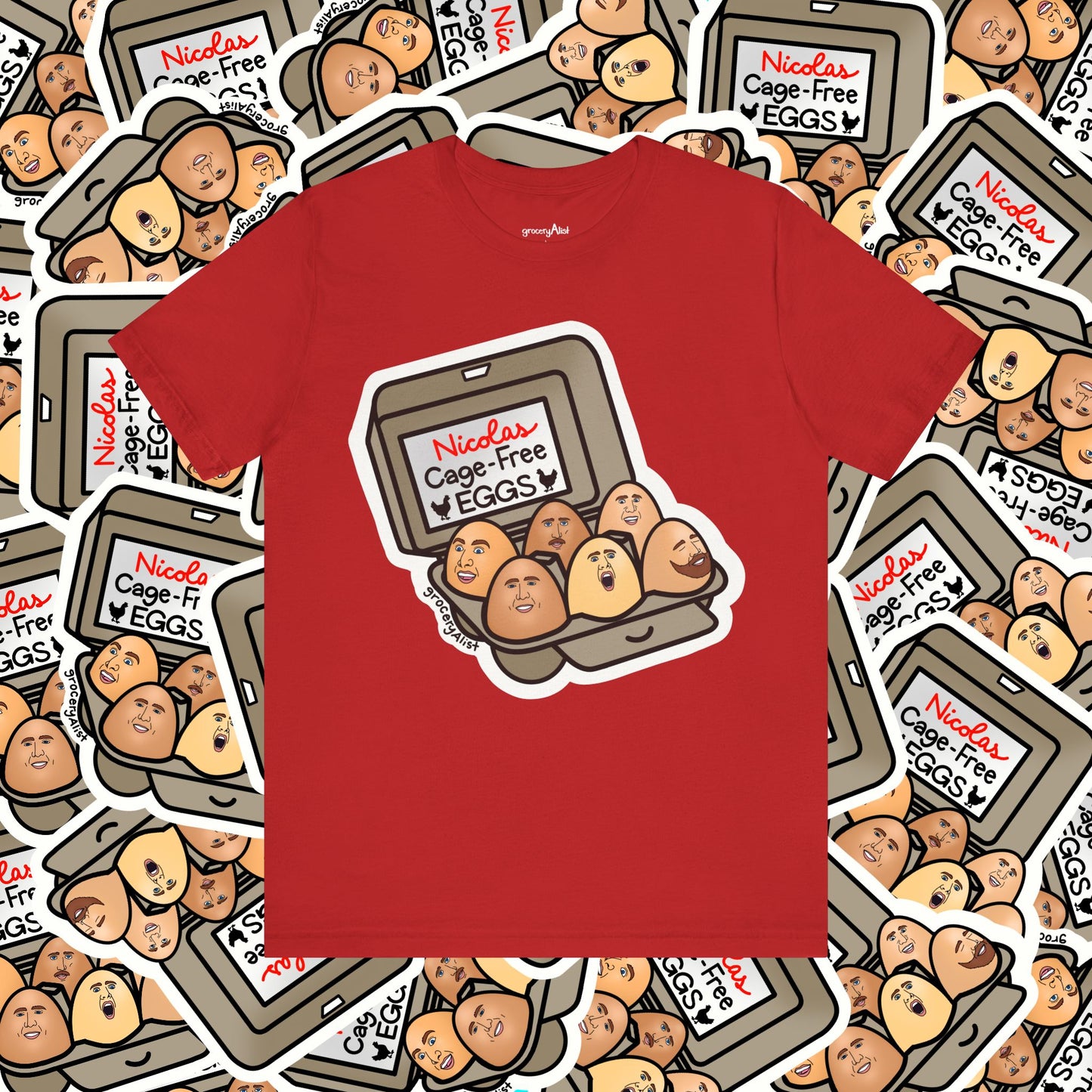 Nicolas Cage-Free Eggs T-shirt Full Front | Celebrity Food Pun T-shirt | Famous Actor Dad Joke Shirt