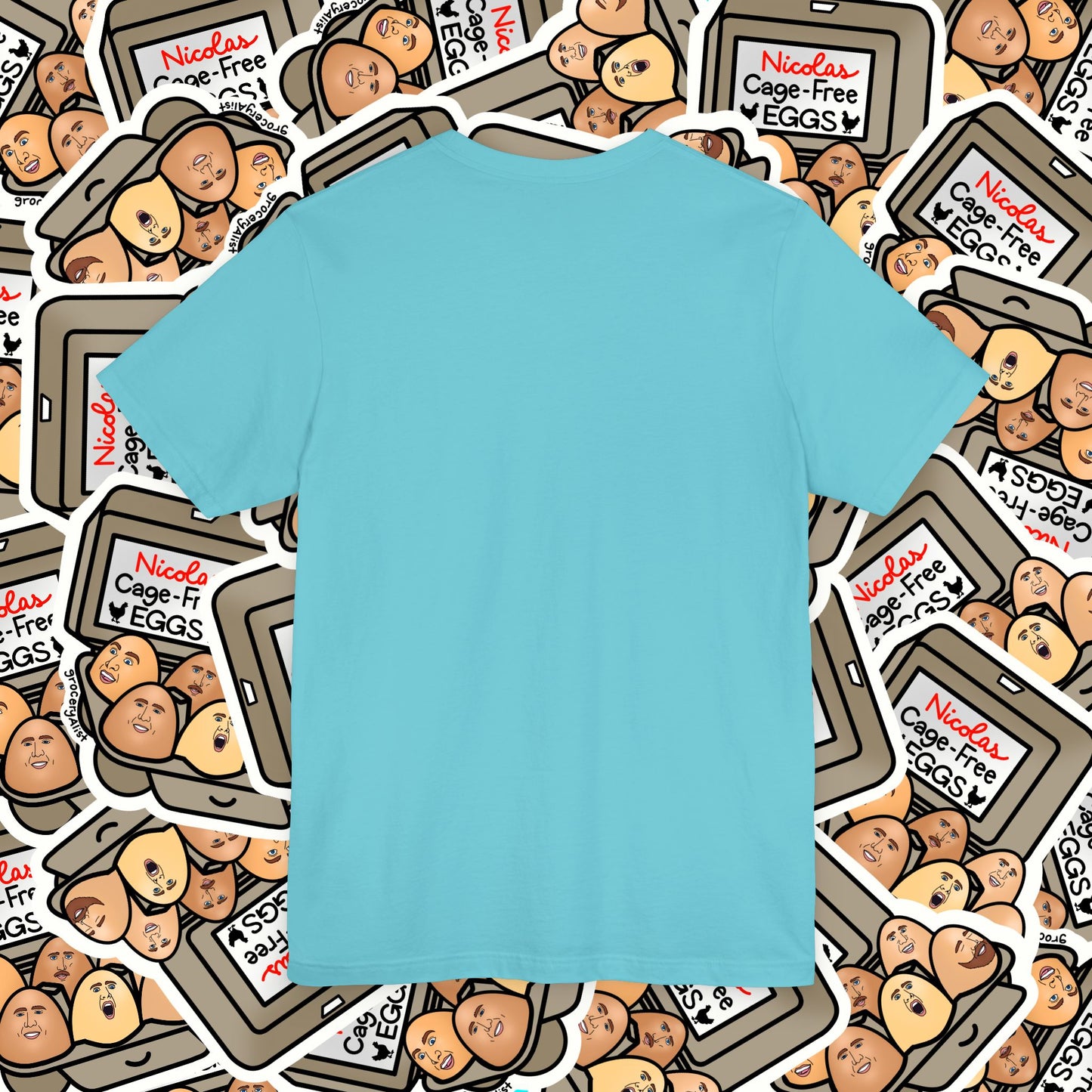 Nicolas Cage-Free Eggs T-shirt Full Front | Celebrity Food Pun T-shirt | Famous Actor Dad Joke Shirt