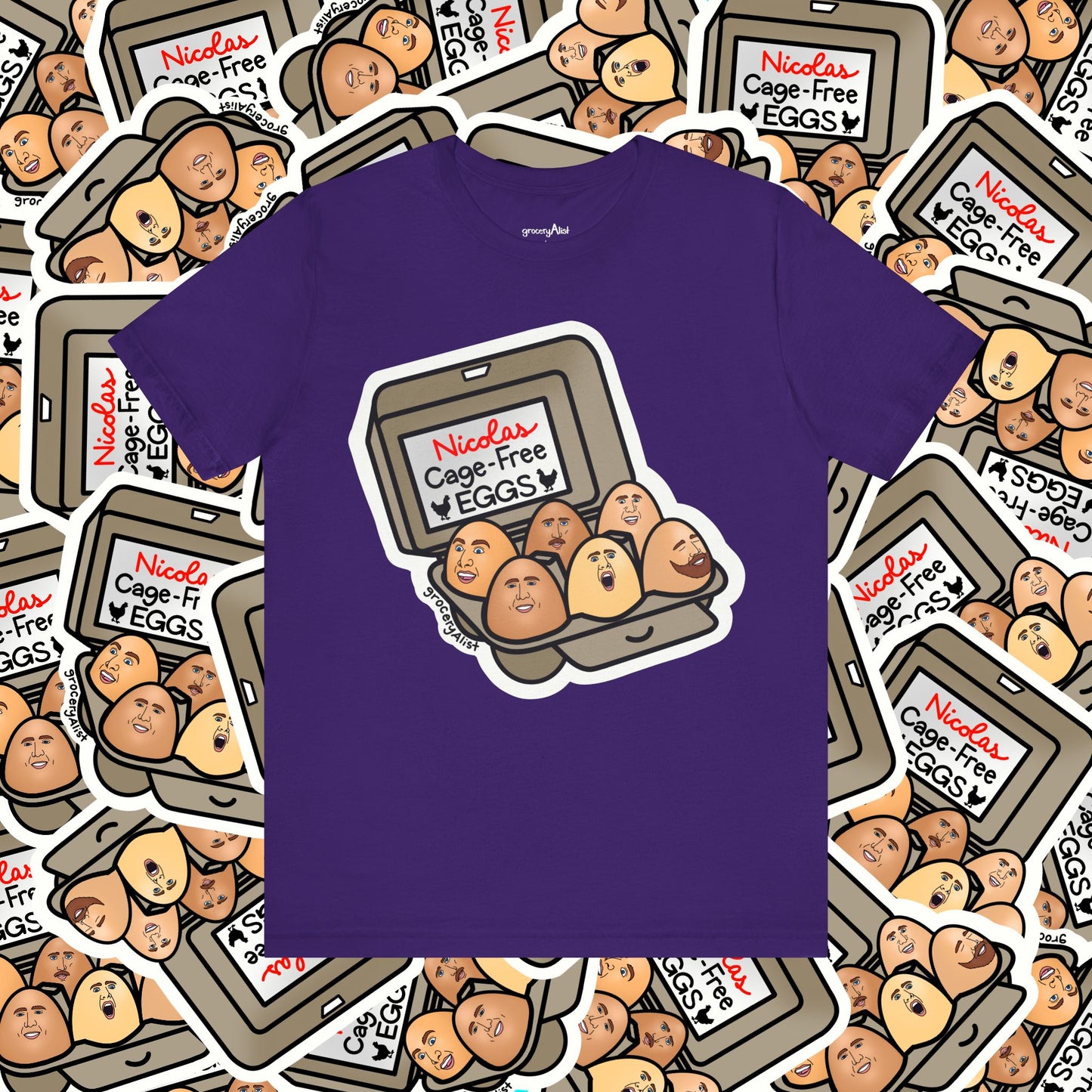 Nicolas Cage-Free Eggs T-shirt Full Front | Celebrity Food Pun T-shirt | Famous Actor Dad Joke Shirt