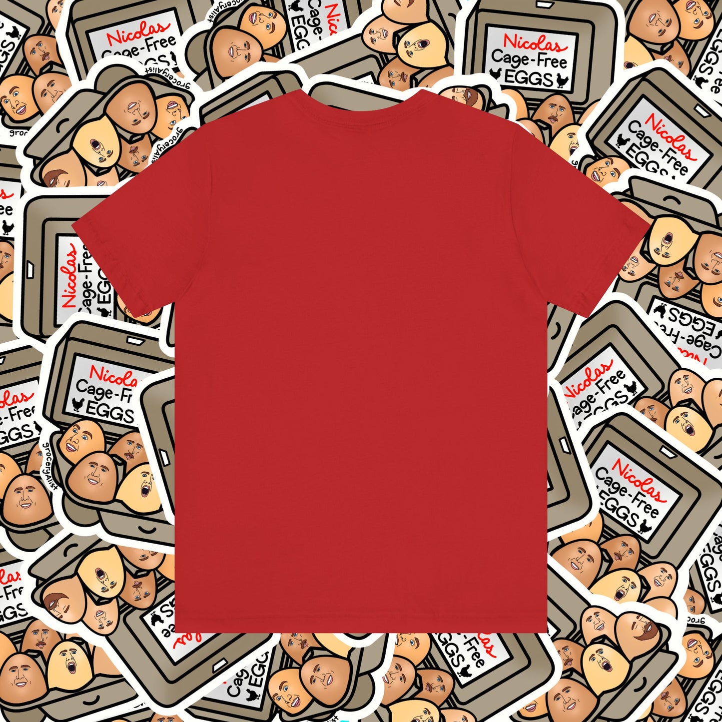 Nicolas Cage-Free Eggs T-shirt Full Front | Celebrity Food Pun T-shirt | Famous Actor Dad Joke Shirt