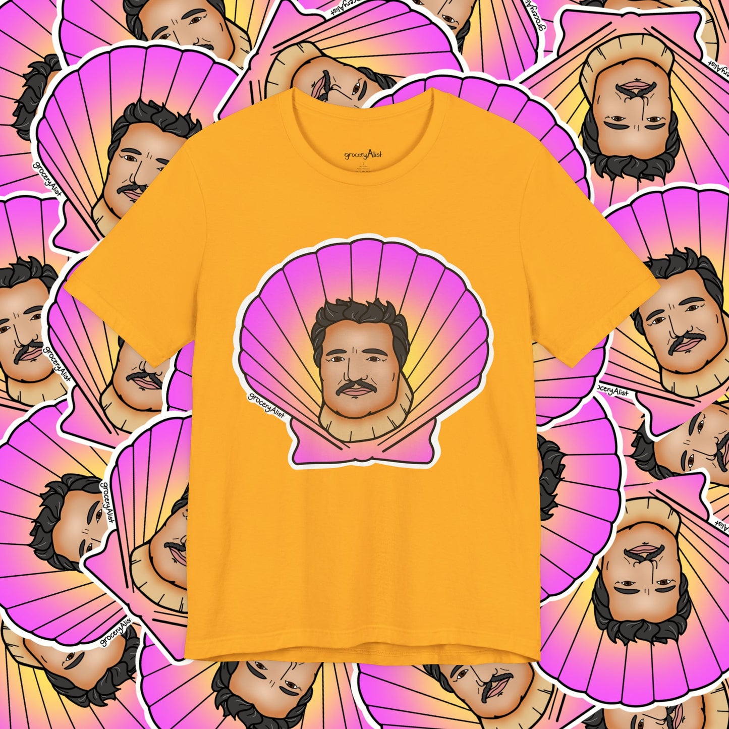 Pedro Pascallop T-shirt Full Front | Celebrity Food Pun T-shirt | Famous Actor Dad Joke Shirt