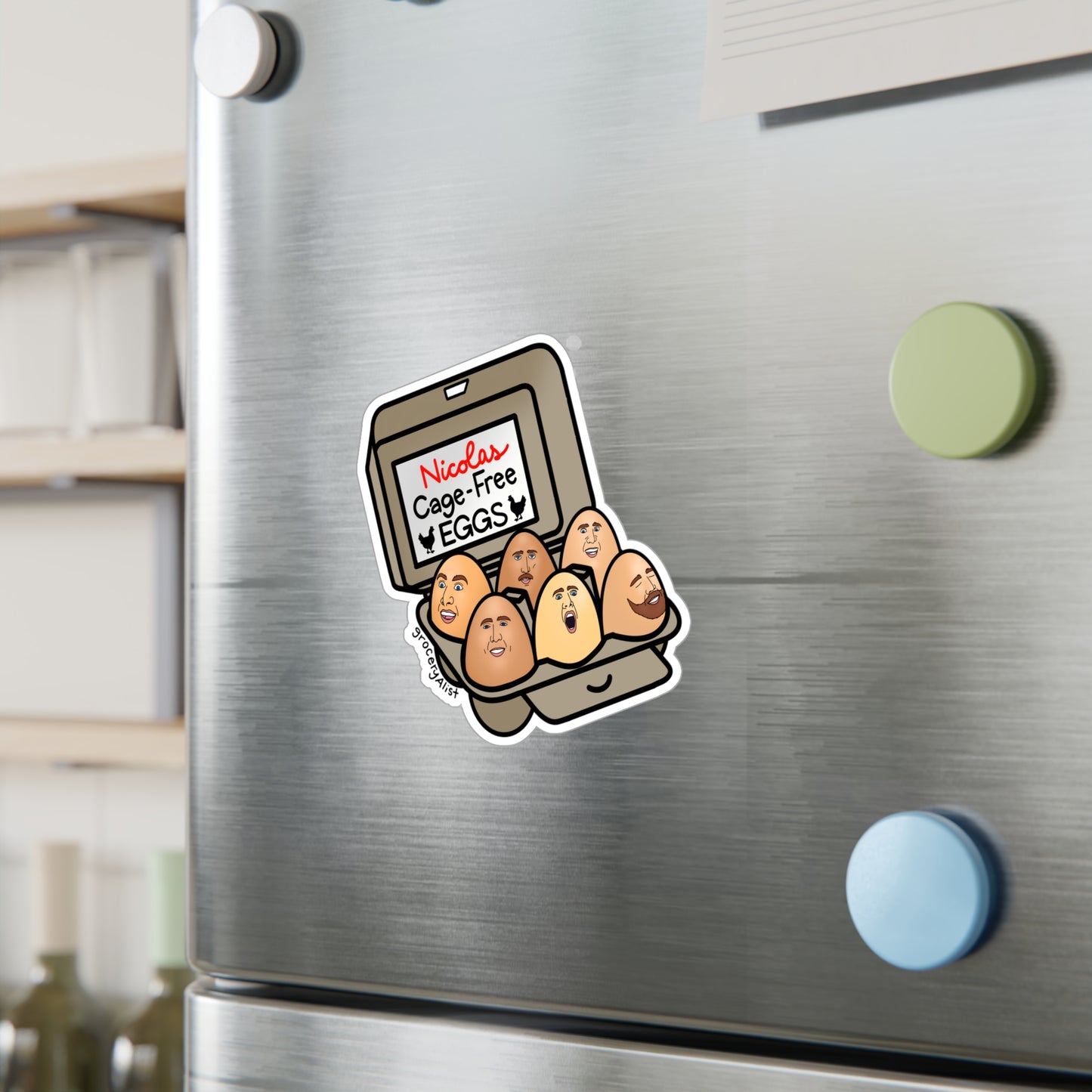 Nicolas Cage-Free Eggs Vinyl Sticker + Lid with Name | Funny Celebrity Food Pun | Famous Actor Wordplay Decal