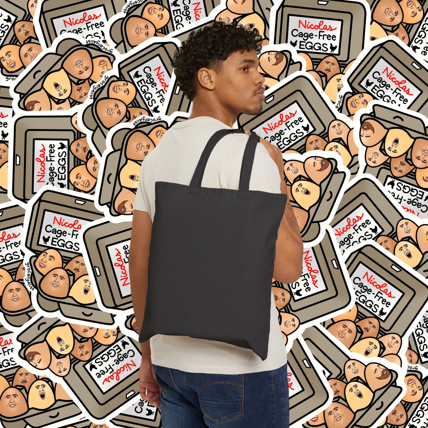 Nicolas Cage-Free Eggs Tote Bag | Funny Celebrity Food Pun Canvas Bag | Famous Movie Star Actor Dad Joke Wordplay Tote