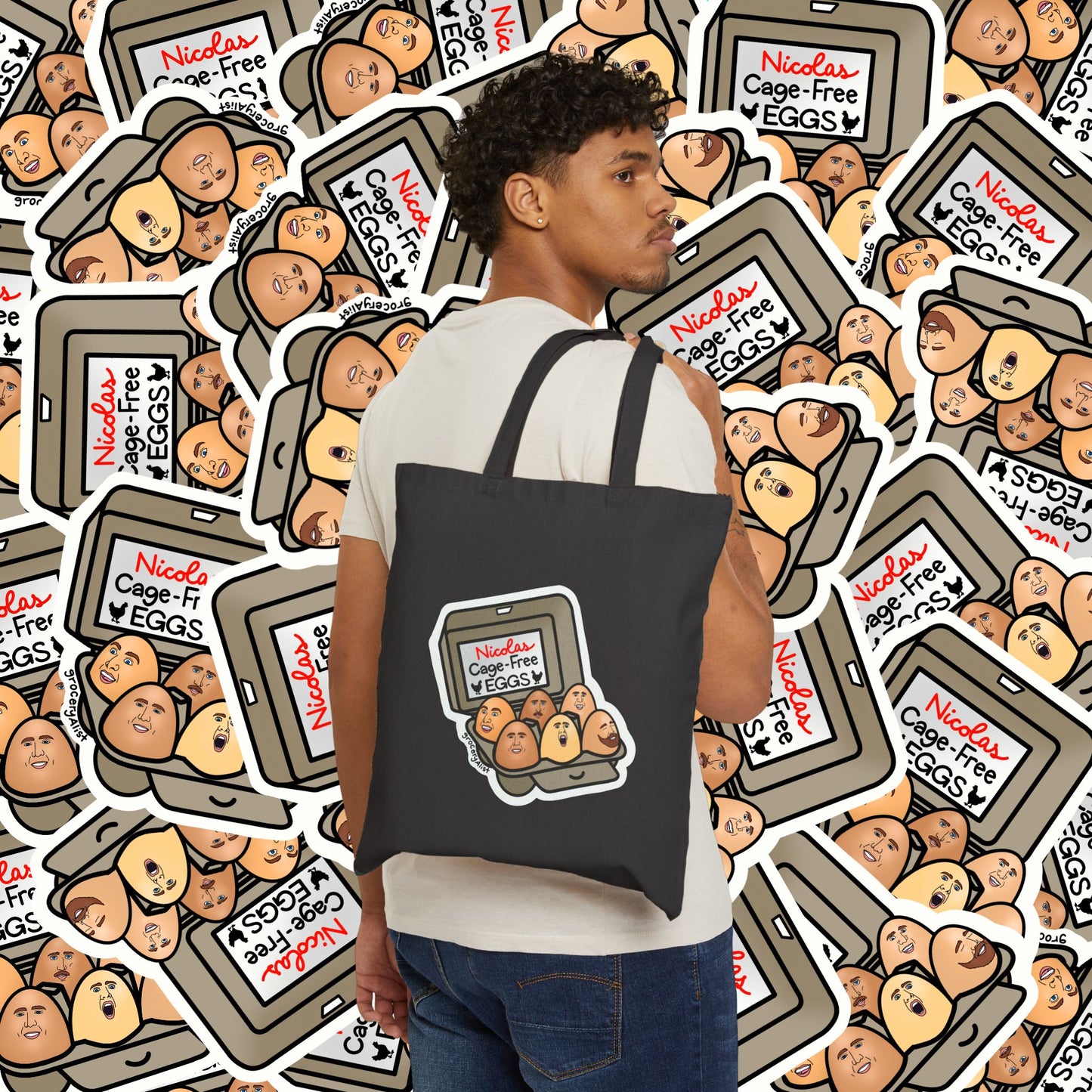 Nicolas Cage-Free Eggs Tote Bag | Funny Celebrity Food Pun Canvas Bag | Famous Movie Star Actor Dad Joke Wordplay Tote
