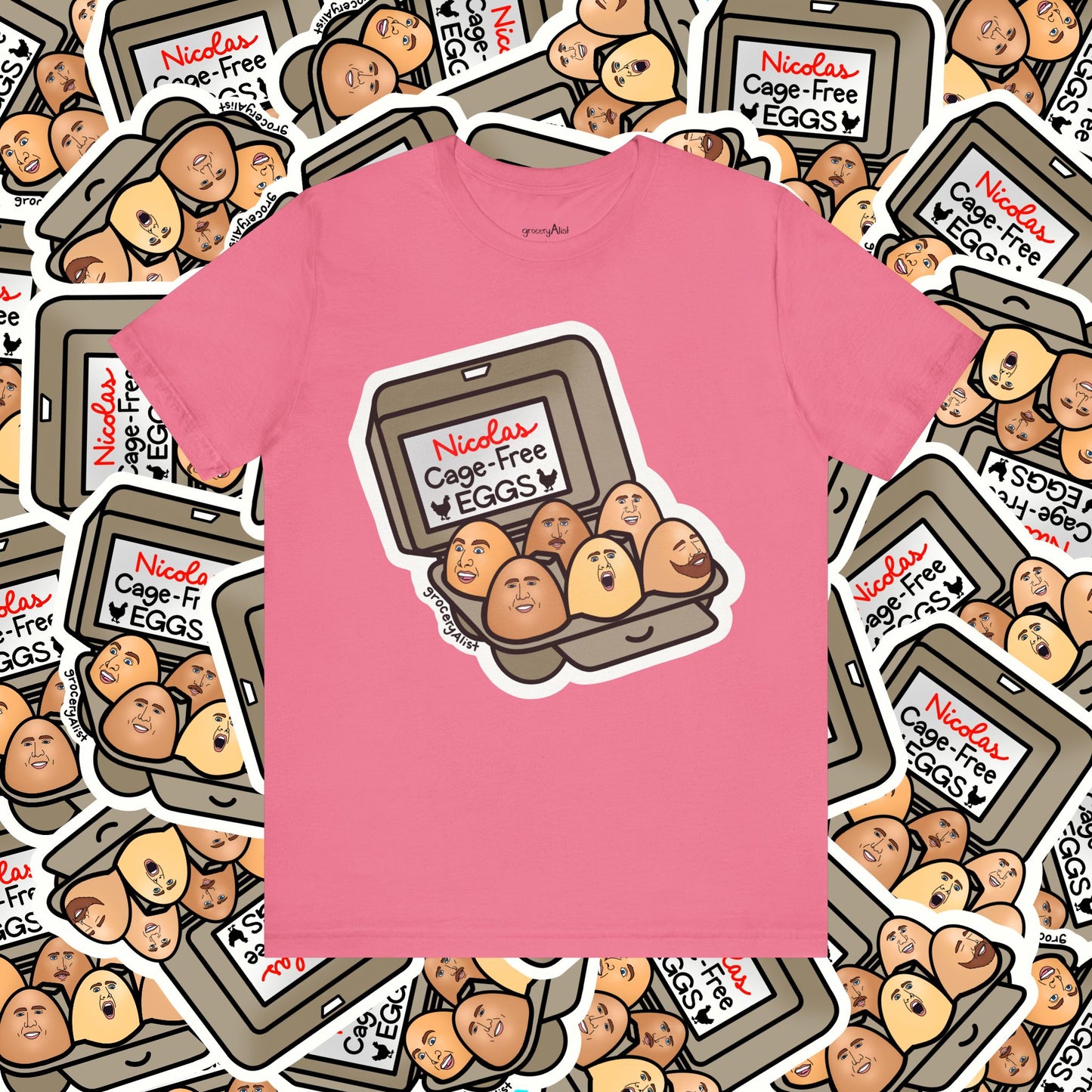 Nicolas Cage-Free Eggs T-shirt Full Front | Celebrity Food Pun T-shirt | Famous Actor Dad Joke Shirt