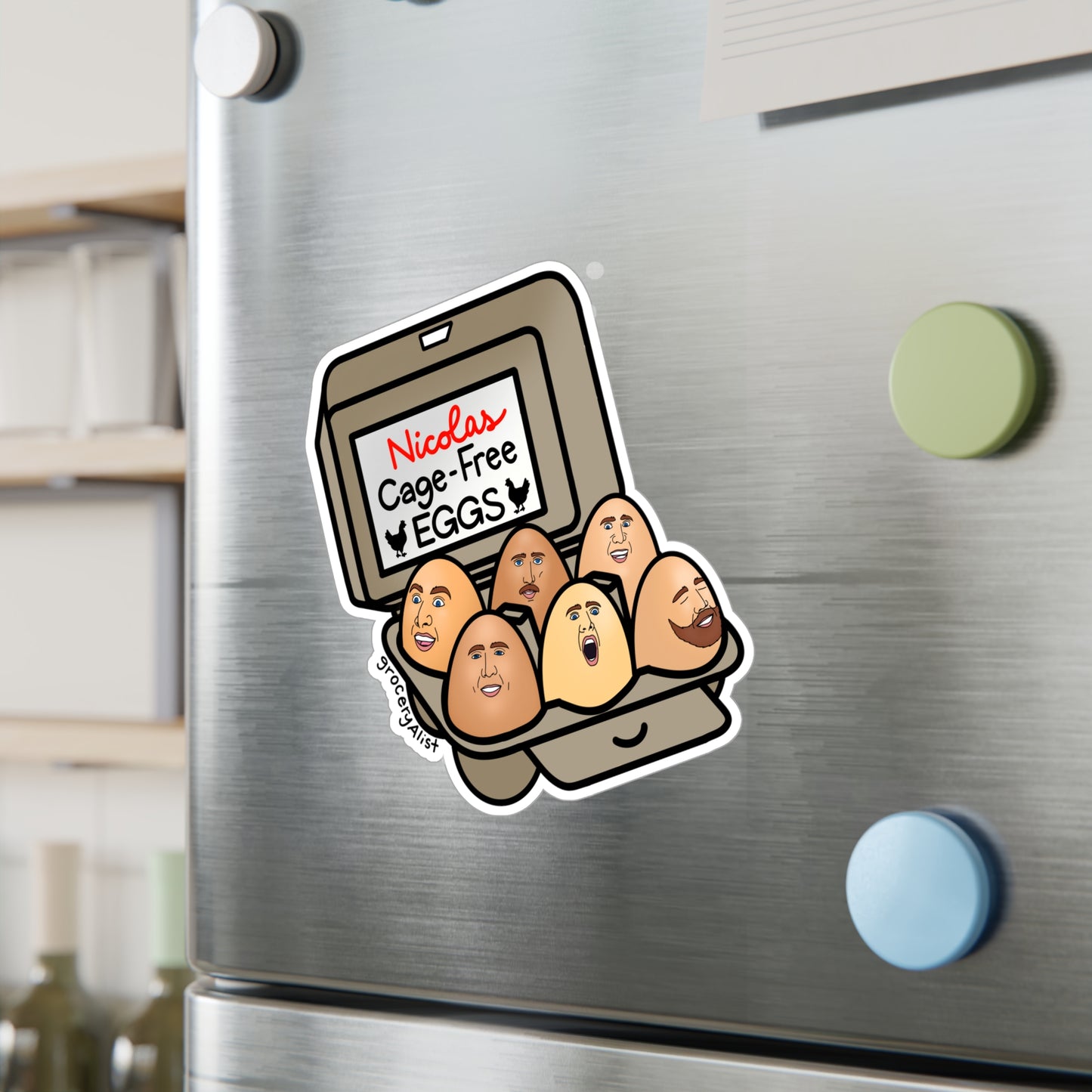 Nicolas Cage-Free Eggs Vinyl Sticker + Lid with Name | Funny Celebrity Food Pun | Famous Actor Wordplay Decal