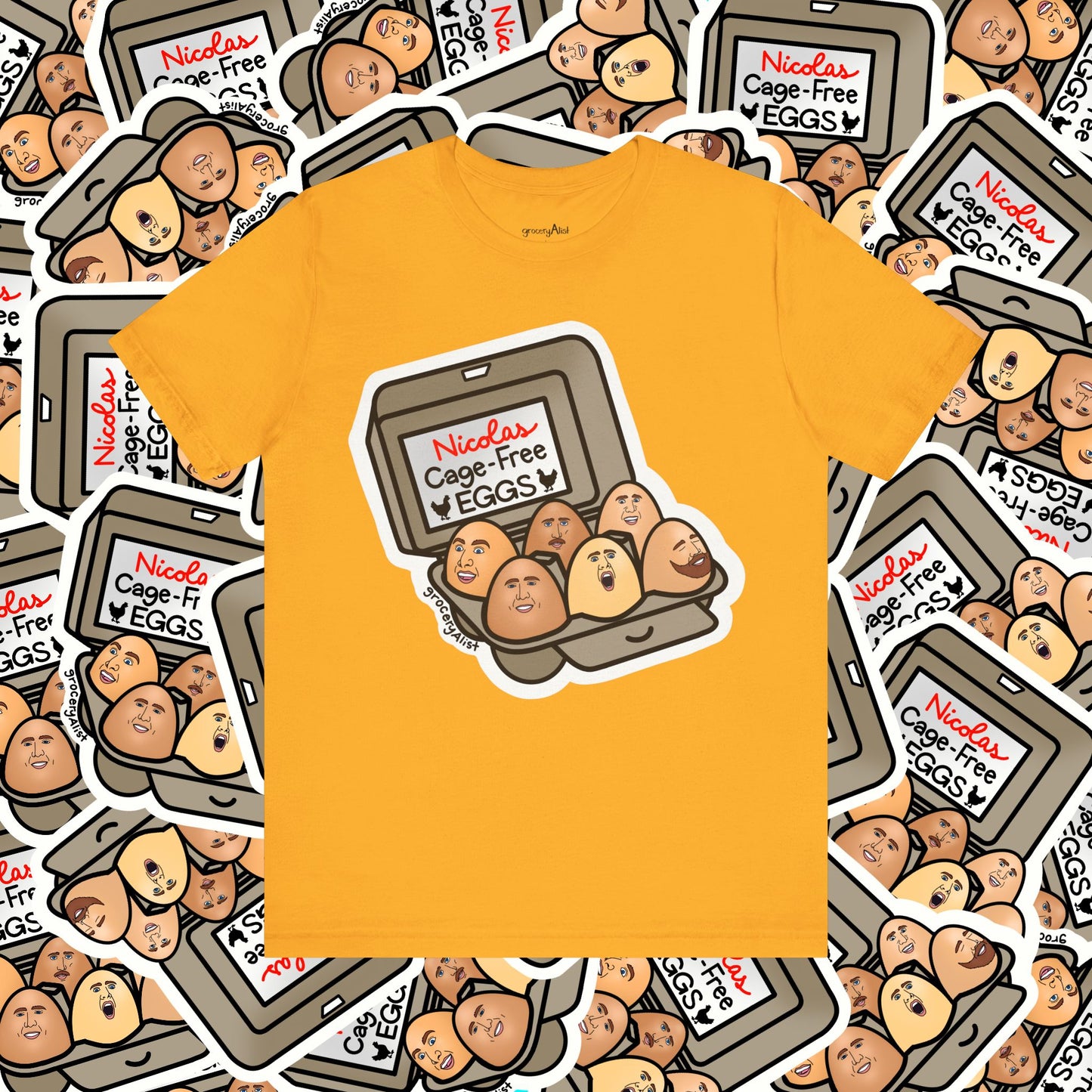 Nicolas Cage-Free Eggs T-shirt Full Front | Celebrity Food Pun T-shirt | Famous Actor Dad Joke Shirt