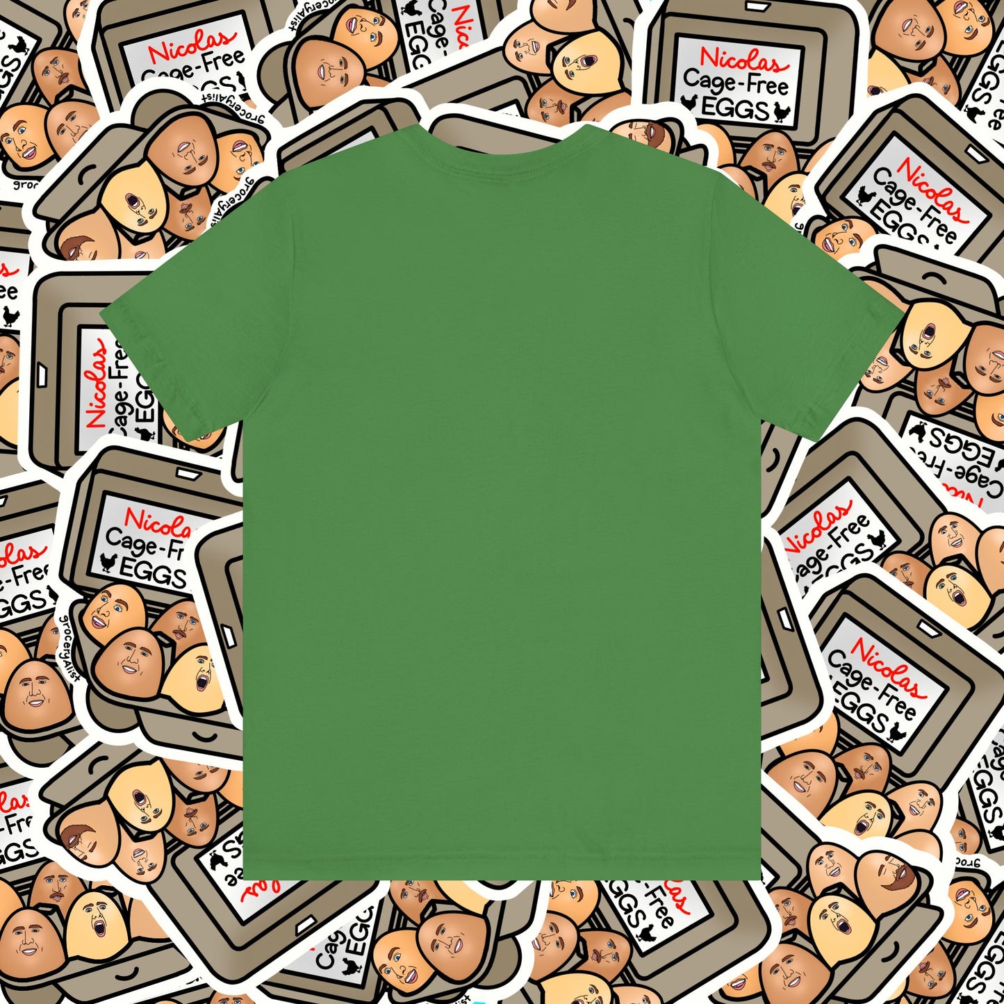 Nicolas Cage-Free Eggs T-shirt Full Front | Celebrity Food Pun T-shirt | Famous Actor Dad Joke Shirt